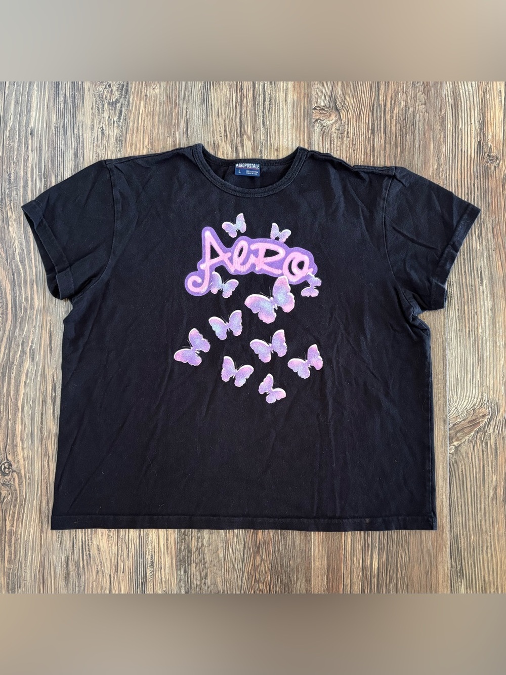 Vtg 90s Y2K Aeropostale Graphic Tee Shirt L Black Purple Pink Aero Butterflies